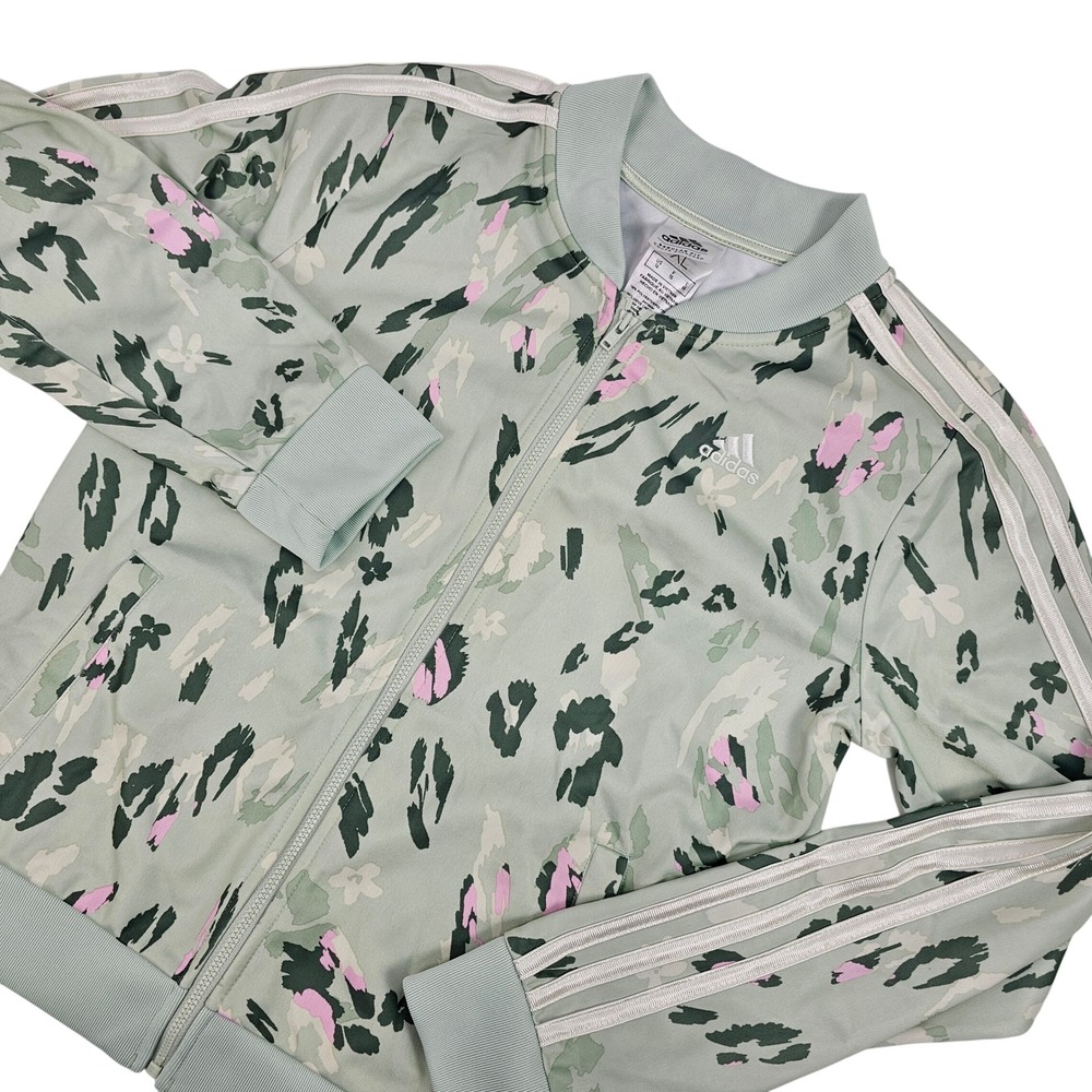Adidas Girls Jacket Pastel Splatter Floral Green Zip XL (16) 3 Stripe Athleisure